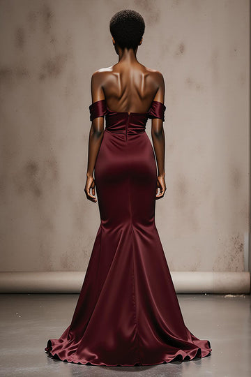 Burgundy Mermaid Off The Shoulder Satin Evening Dress